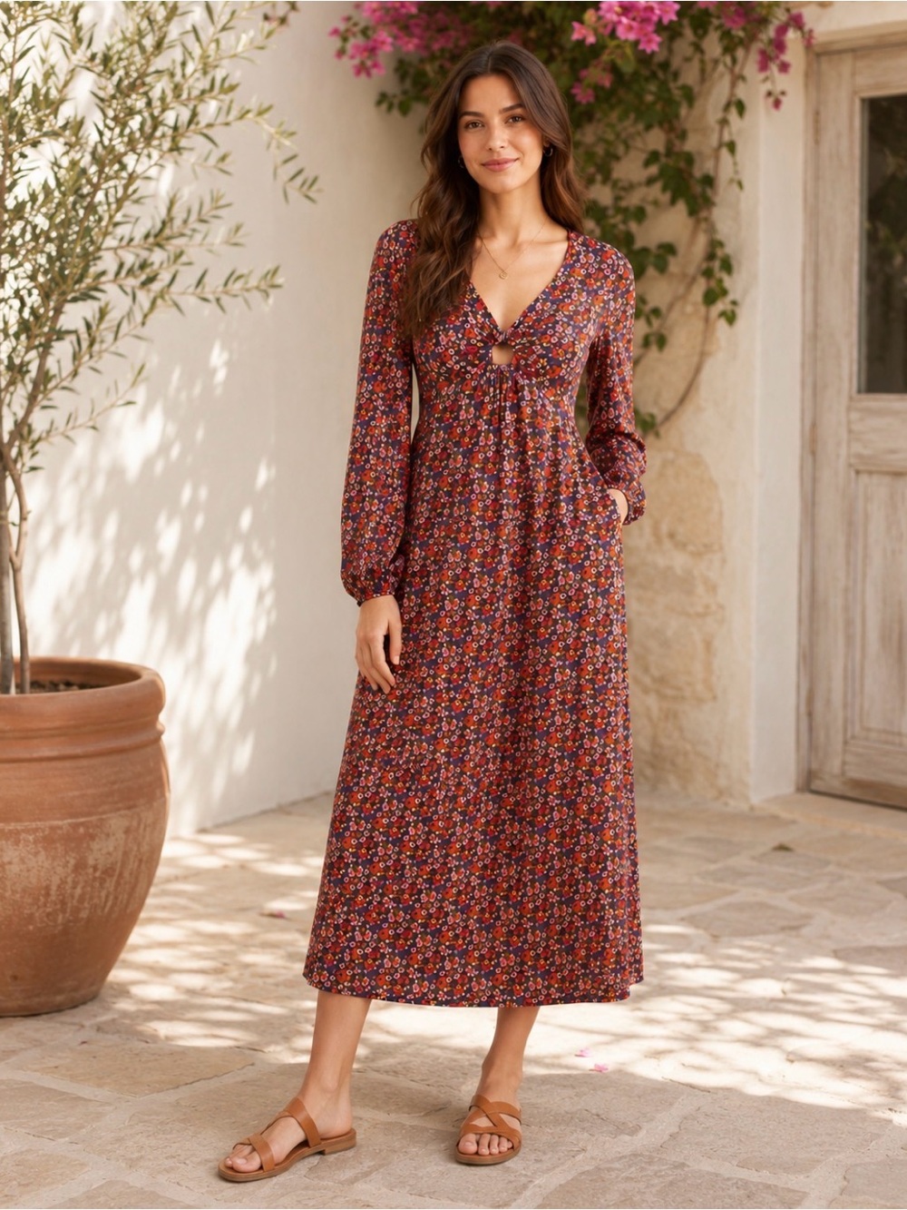 Boden Dress Floral Maxi Long Sleeve Pockets Cotton Blend